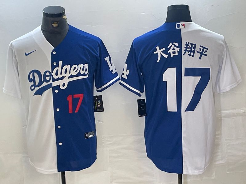 Men Los Angeles Dodgers 17 Ohtani White blue double Nike Game MLB Jersey style 4